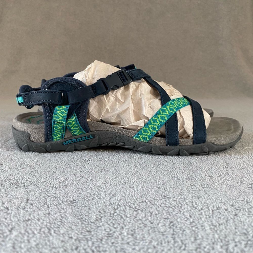 Merrell Womens 6 Terran Lattice II Strappy Leather Sandals Shoes J56516 Navy